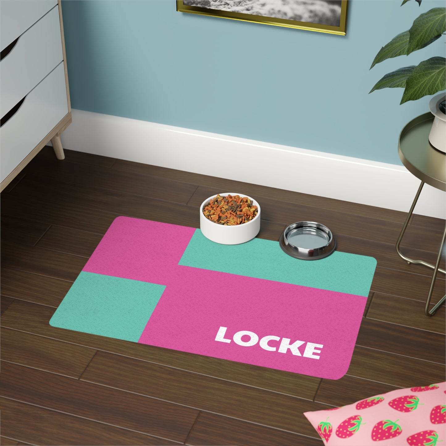 Hot Pink Cyan Personalized Pet Food Mat